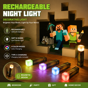 ไฟฉายพิกเซล <span class=keywords><strong>Minecraft</strong></span> รูปทรงคบเพลิง 4 สี ไฟ LED สำหรับกลางคืน ตกแต่งห้องนอน โคมไฟตั้งโต๊ะ ชาร์จ USB ของเล่นเด็ก สำหรับเป็นของขวัญ - Product Image 1