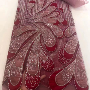 Tessuti ecologici in pizzo con perline e paillettes nigeriane per festa da sposa con motivo <span class=keywords><strong>a</strong></span> <span class=keywords><strong>maglia</strong></span> MOQ 5 metri - Product Image 1