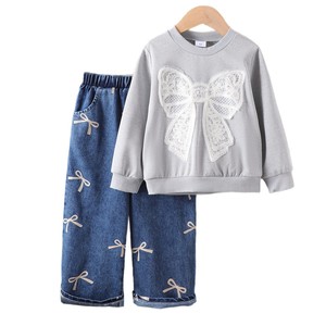 Set di Abbigliamento per Ragazze 2025 Vendita Calda su Piattaforme Transfrontaliere Stile Casual Felpa a Maniche Lunghe con Fiocco e Jeans - Product Image 5