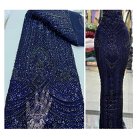 Tissu en dentelle à paillettes champagne, brodé de perles et de sequins, bleu marine, 100% polyester, écologique et léger, idéal pour les mariages