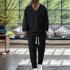 Conjunto Deportivo de Dos Piezas con Cuello en V y Jacquard para <span class=keywords><strong>Hombre</strong></span>, Cómodo, de Color Sólido, Informal, de Manga Larga y Pantalones Largos - Product Image 5