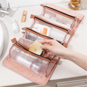 Portable Makeup <b>Bag</b> <b>Large</b> Capacity Mesh Travel <b>Toiletry</b> <b>Bag</b> For Women With 4 Compartments Pink Color Multipurpose Storage - Product Image 3