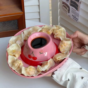 Assiette à dumplings en céramique en forme de chapeau de cowboy, compartimentée, avec coupelle à vinaigre intégrée, design mignon, réutilisable, pour petit-déjeuner et accompagnement de hot pot - Product Image 6