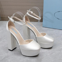Pumps de luxe de haute qualité, en soie, avec bride à la cheville, talon épais, antidérapantes, élégantes, à semelle rouge, chaussures à talons hauts