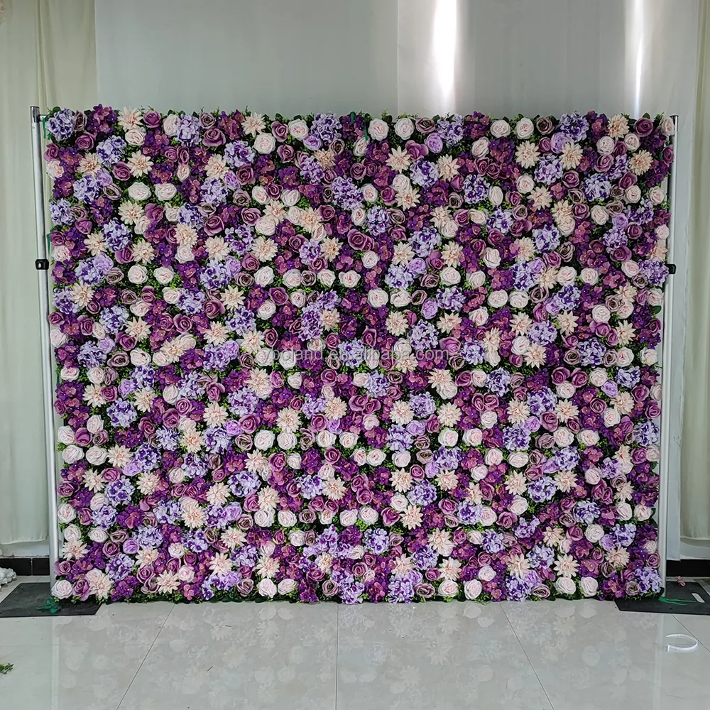 ผ้าม้วน3D K07ฉากหลังติดผนังผ้าดอกไม้สีม่วงผ้าไหมเทียมสีม่วงผนังดอกไม้สำหรับตกแต่งงานแต่งงานในบ้าน