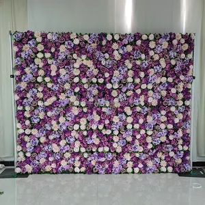 K07 3D Roll Up Fabric Cloth Flower Wall Backdrop Panel Purple Artificial Silk Rose Flower Wall for Home Wedding Event Decoration