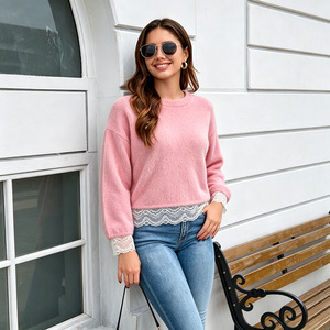 <span class=keywords><strong>Pull</strong></span> en molleton tricoté pour <span class=keywords><strong>femme</strong></span>, col rond, manches longues, avec empiècements en dentelle, style <span class=keywords><strong>vintage</strong></span>, nouvelle collection 2027 - Product Image 2