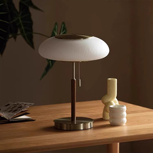 Matsutake Mushroom Table <strong>Lamp</strong> - Mid-Century Modern Design with Ribbed Glass Shade &amp; Walnut <strong>Stem</strong>, E27, Pull Cord Switch - Product Image 1