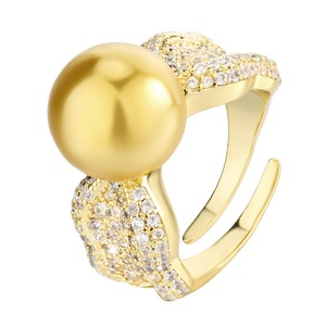 Bijoux de haute qualité, écologiques, en cuivre, perle de coquille dorée de 12 mm, plaqué or, micro-incrustation CZ, magnifique, unique, bague réglable - Product Image 1
