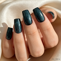 Faux Ongles Magnétiques Carrés Moyens Effet Œil de Chat Vert Profond de Luxe, Finition Velours, Réutilisables, Couverture Complète, Kit Complet