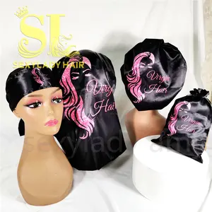 New OEM Wide Band Satin Bonnet Cap Comfortable Night Sleep Hat Drawstring Sleep Silk Hair Designers tie Bonnet