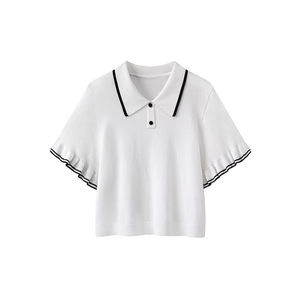 Women's Polo Shirt Short Sleeve Ruffle Trim Knitted White With <b>Black</b> <b>Edge</b> Summer Casual Wear - Product Image 1