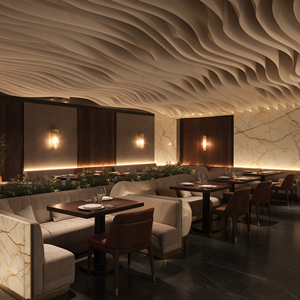 Projet de design d'intérieur de bar de restaurant moderne et luxueux sur mesure |   Comptoir de bar en marbre avec plafond ondulé, sièges en bois de noyer foncé - Product Image 3