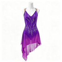 Robe de patinage artistique violette à col en V, dos croisé, ornée de strass, pour filles et femmes adultes