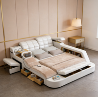 Lit intelligent multifonctionnel avec cadre de lit king size, fonction massage, rangement, projecteur et tables d'appoint pour chambre à coucher