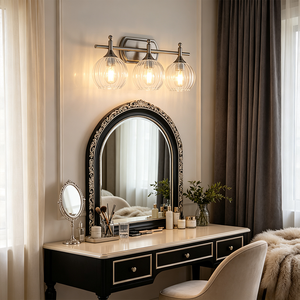 Modern Stainless Steel <b>Wall</b> Lamp 3 Head Round Glass Shade LED Vanity <b>Light</b> for Bathroom 2700K E27 <b>Switch</b> Control - Product Image 4