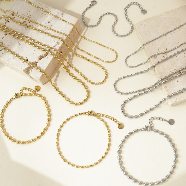 High Quality Fashion Stainless Steel Oval Bead Chain Jewelry Set 18K Real Gold Plated Bead Chain Bracelet Necklace for Women