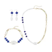 Fashion Design bracciale con pietre blu di alta qualità Set di perle naturali gioielli da donna Set di orecchini in pelle scamosciata di perle naturali