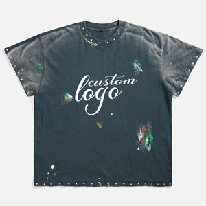 カスタムメンズコットン100% オーバーサイズ箱入りディストレスtシャツ男性手作りカラーインクスプラッシュパターンヴィンテージウォッシュTシャツ - Product Image 1