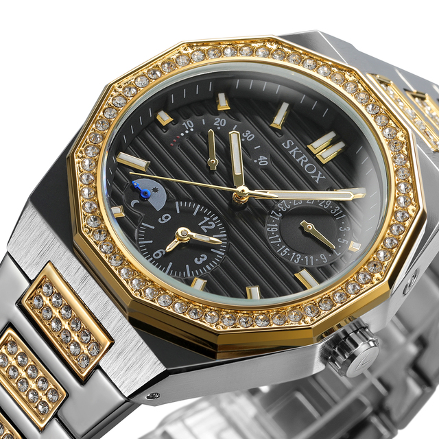 New Fashion SKROX Brand Luxury Watches Small Dial Clear Stone Automatic Mechanical Stainless Steel Moon Phase Men Wristwatch OEM