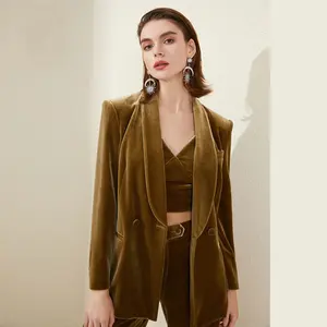 2024 New Autumn/Winter Yellow Velvet Retro Fashion Green Fruit Collar Slim Suit Blazer And Pants Set For Women