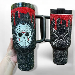 Personnalisé Halloween Jason film d'horreur <span class=keywords><strong>camp</strong></span> cristal lac 40Oz strass verres tasse en acier inoxydable Bling Tumbler avec poignée - Product Image 1