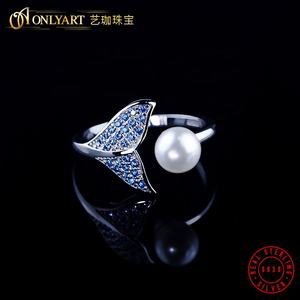 カスタムかわいい新しいイルカ動物ジュエリーブルーストーンシルバー925パールリングウェディングカフ調整可能925シルバーリング女性用 - Product Image 2