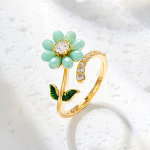 Flower Shaped <b>Adjustable</b> <b>Ring</b> For Women Gold Plated With Green Enamel And Diamond Accents Micro Pave Design Gift Jewelry - Product Image 1