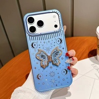 Étui de téléphone magnétique de luxe en PC avec design papillon en cristal et finition miroir pour 17/16/15/14/13 Pro Max