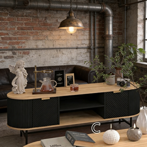 Mobile TV Ovale Moderno con Vani Portaoggetti, Consolle Multimediale con Ante a Doghe e Ripiani Aperti per Soggiorno - Product Image 2