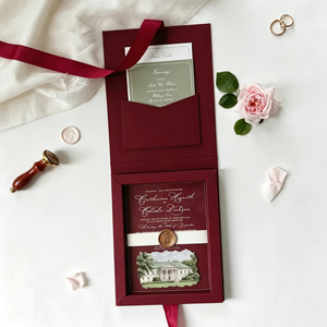 Boîte à invitations de mariage en lin bordeaux pour invitations 5x7, boîte à invitations en acrylique et papier, boîtes à souvenirs de mariage personnalisées - Product Image 1
