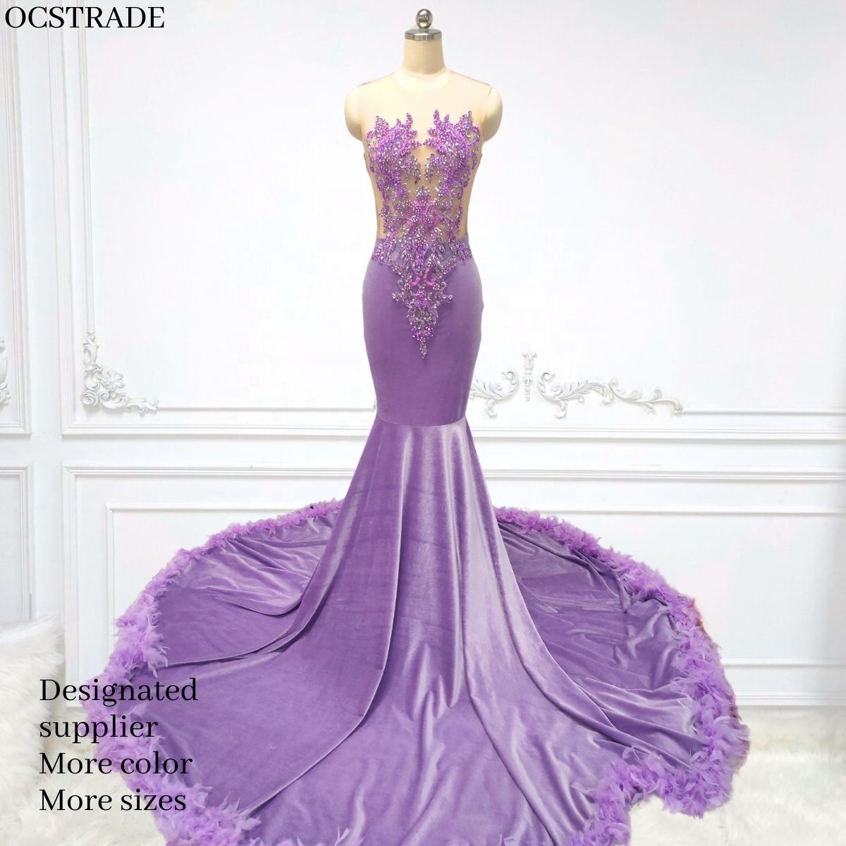 Ocstrade - Vestido de baile elegante com strass e penas transparente, vestido de trem maxi feminino para baile em 2024, elegante e brilhante