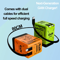 Chargeur mural GaN avec deux câbles Type C rétractables, adaptateur d'alimentation pliable à charge rapide pour téléphones/ordinateurs portables/plusieurs appareils