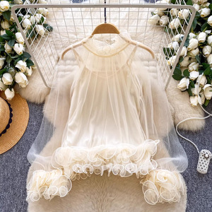 Completo da donna 2 pezzi: Blusa in rete con orlo a balze e top interno a canotta, elegante camicia in <span class=keywords><strong>tulle</strong></span> trasparente Sehe Fashion - Product Image 3