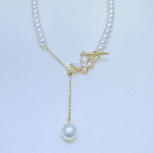 Collier de perles d'eau douce presque sans défaut de 4,5 à 5 mm, coquille d'aurore, papillon, boucle OT, pendentif en argent réglable, accessoire de mode - Product Image 1