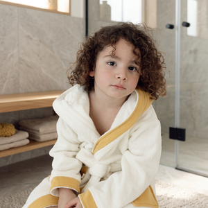 Soft Terry Kids <b>Bathrobe</b> White <b>With</b> Yellow Trim Skin-Friendly For Child Bathroom Use - Product Image 4