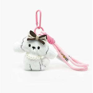 Llavero de muñeco de peluche suave y esponjoso de cachorro Bichón Frisé con lazo y correa de muñeca - Product Image 2