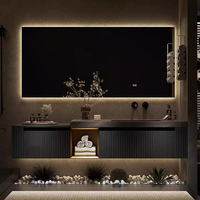 Meuble-lavabo flottant de luxe italien avec miroir LED intelligent, vasque intégrée en pierre frittée et armoire en bois massif