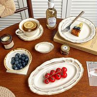 Services de table en céramique style Japandi avec incrustations dorées, 5 pièces, compatibles lave-vaisselle, bol, assiette, plat à salade