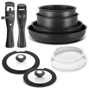 Cảm ứng Cookware Set Stackable Thiết kế 10 cái không dính chậu và chảo Set với có thể tháo rời xử lý