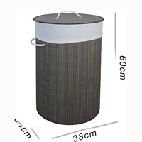 Panier à linge en bambou pliant rond de couleur grise avec poignée et sac à linge