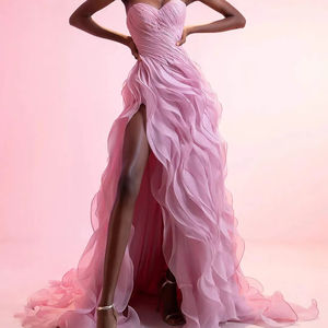 Abiti da Sera Eleganti Ruolai LWC7015 da <span class=keywords><strong>Donna</strong></span>, Rosa, con Perline <span class=keywords><strong>Fata</strong></span>, Chiffon, Sexy, Spacchi Alti e Volant, per Feste - Product Image 1