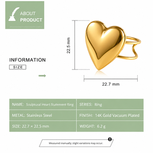 Anillo Ajustable de Acero Inoxidable con Corazón Escultural, Chapado al Vacío en Oro de 14K, Joyería Pulida de Alta Gama - Product Image 4