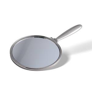 On Sale Round Silver Engraved Small Vanity Makeup <b>Compact</b> Hand <b>Mirror</b> with PU Pouch - Product Image 3