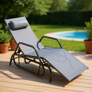 Chaise longue d'extérieur à bascule avec cadre en métal gris, coussin en textilène et oreiller, design inclinable pour terrasse - Product Image 2