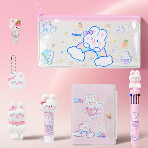 Оптовый набор канцелярских принадлежностей Kawaii с кроликами: 3D-пенал, школьные принадлежности, 10 цветных ручек, корректирующая лента, клей, ПВХ-пакет, подарок для девочек - Product Image 1