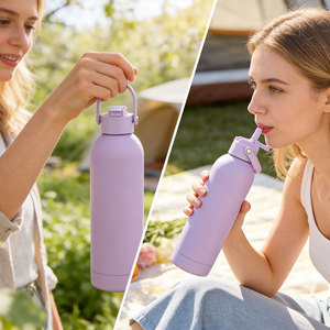 Bouteille d'eau isotherme à double paroi de 750 ml avec paille, revêtement en caoutchouc doux au toucher, anti-fuite, en acier inoxydable - Product Image 2