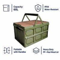 Boîte de rangement pliable pour le camping, empilable, portable, avec couvercle en bois, bac organisateur en PP, pour pique-nique, maison, extérieur