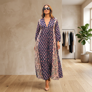 Women's <b>Bohemian</b> <b>Maxi</b> <b>Dress</b> 100% Silk Woven Fabric Long Sleeve Color Blocking A-Line Silhouette Lightweight Anti-Wrinkle - Product Image 5