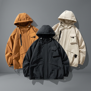 Chaqueta Acolchada Cortavientos con Capucha para Hombre, Color Sólido, Cierre de Cremallera, Corte Holgado, para Otoño, 100% Poliéster con Exterior de Nailon - Product Image 3